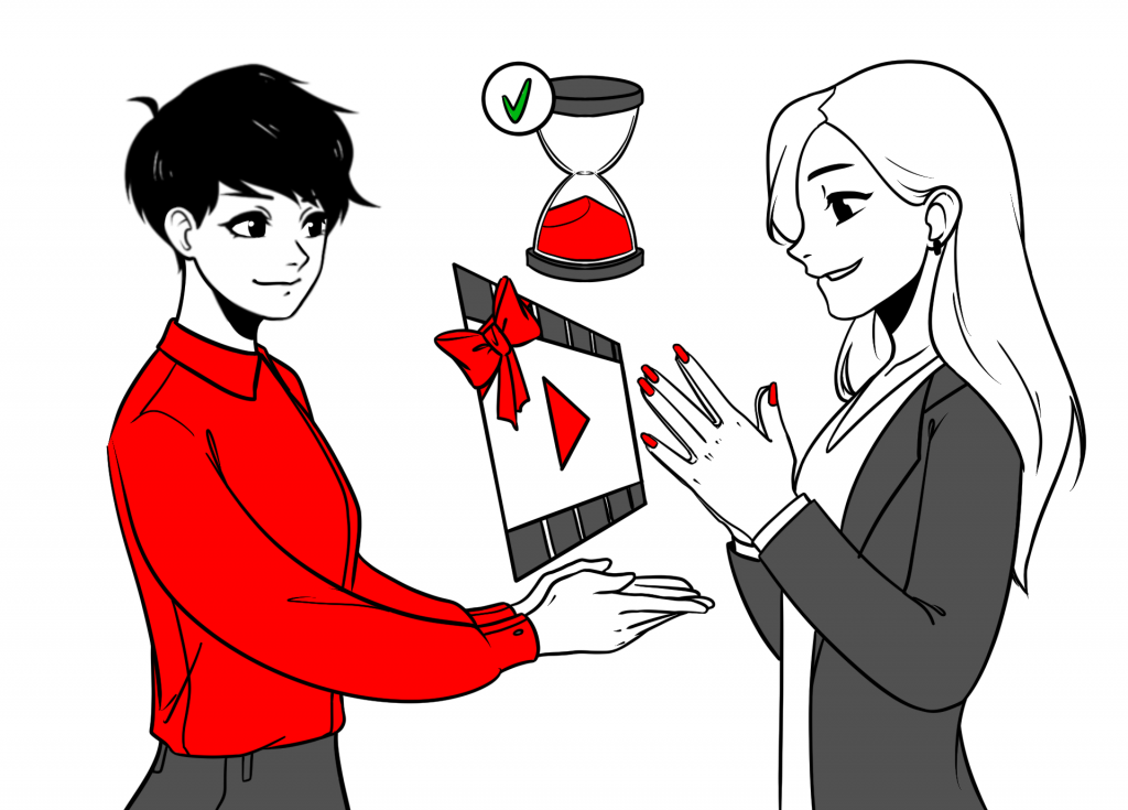 Grafika przedstawiająca scenariusz animacji: osoba przesyła tablet z ikonką kanału YouTube i klepsydrą – obraz kompleksowego procesu produkcji od koncepcji do realizacji