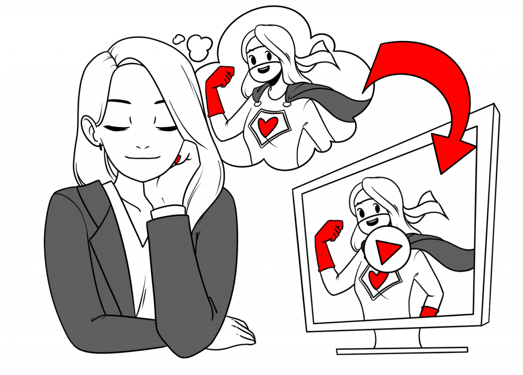 Kobieta myśląca o bohaterce animacji, z sercem na piersi, bohaterka animacji pojawia się na ekranie monitora – symbol kreowania pomysłów i indywidualnego podejścia do potrzeb na animacje dla klientów