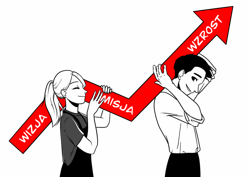 Grafika dwóch postaci niosących czerwoną strzałkę z napisem Wzrost – symbol wspólnego dążenia do celów klienta i PreFactum